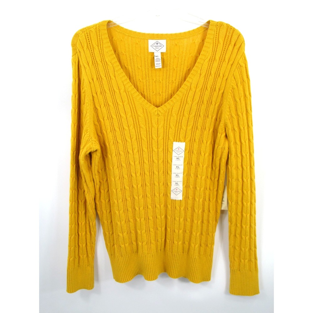 St. John's Bay Women XL Golden Yellow Cable Knit V-Neck Pullover Sweater NWT